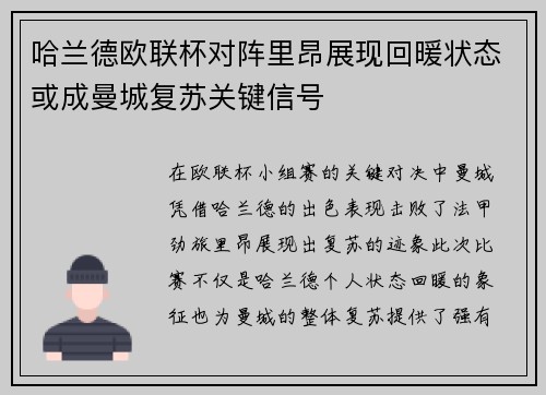 哈兰德欧联杯对阵里昂展现回暖状态或成曼城复苏关键信号 哈兰德欧联杯对阵里昂展现回暖状态或成曼城复苏关键信号